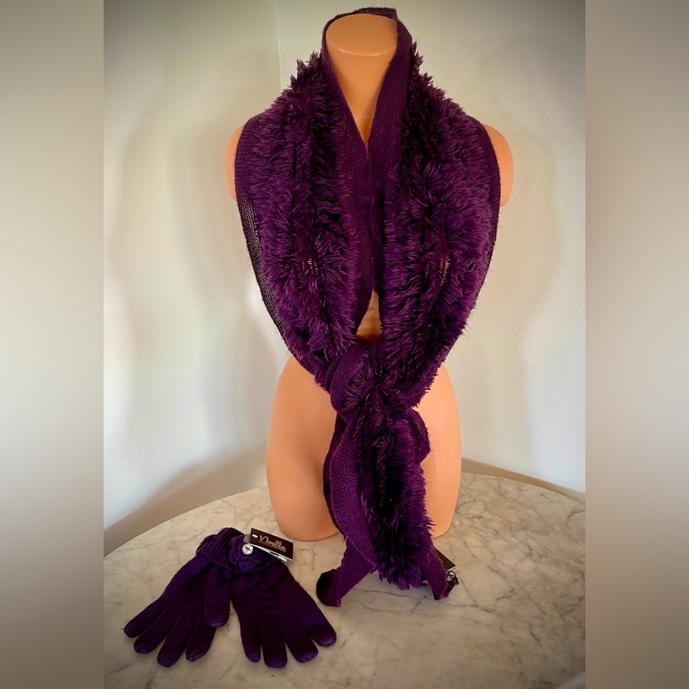 NOELLE Scarf & Matching Flower & Rhinestone Accent Gloves Set ~ Purple ~ New